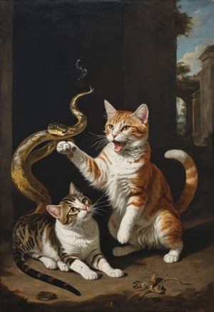 Cat and snake fighting in the style of Alessandro Magnasco