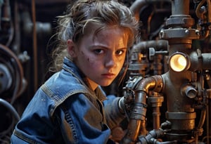 A young girl in worn blue jeans and oil-stained coveralls is precariously perched within a cramped, industrial setting. Valves, pipes, cables, and ducts surround her as she grapples with a stubborn valve, her gloved hand tightening the mechanism amidst a tangle of messy, cluttered metalwork. The sharp lighting accentuates every detail, from the streaks of oil on her face to the determined glint in her sidelong gaze. In this cinematic, epic scene, the subject's rugged beauty shines like a beacon amidst the mechanical chaos.,glowneon,glowing,sparks,lightning