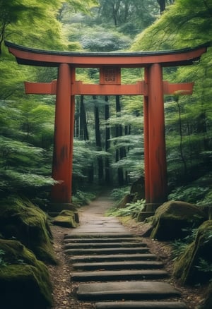 A mysterious Japanese torii gate stretches on forever deep in the forest hills..