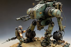 Maschinen Krieger ZbV3000. In military colors and with distressed finish. Equipped with large weapons taken from an air raid diorama. Cables, sharp, cinematic, epic scale, detailed, messy, fire, smoke, CXL-Mech, legendary dark fantasy, diorama