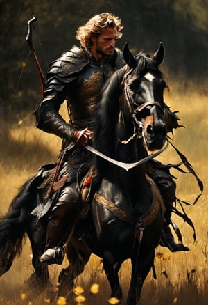 A medieval archer clad in supple leather armor rides a majestic black stallion across a sun-drenched meadow, quiver slung over his shoulder. The air is alive with golden dust as he notches his bow, ready to fire, his gaze fixed on the rolling hills. His windswept hair flows behind him like a river of night, as a single gold-edged black rose petals at his feet. Taking a bow from the top of a tree