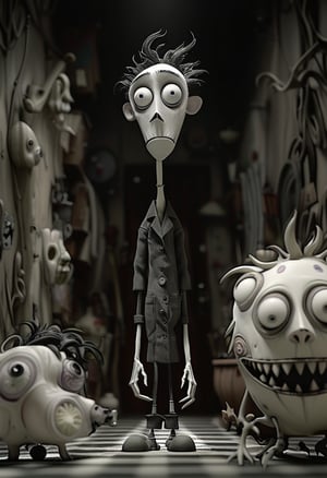 (Design: Tim Burton. Artwork based on concept art full body design of theme (Frankenweenie) Oblique angle shot, Anatomy, Trending on ArtStation, Trending on CGSociety, Exquisite, High resolution, Sharp focus, Dramatic, Photorealistic painting art by Midjourney and Greg Rutkowski, LegendDarkFantas, 