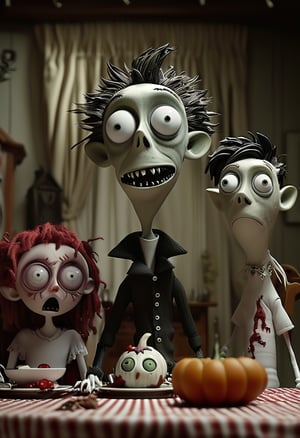 (Design: Tim Burton. Artwork based on concept art full body design of theme (Frankenweenie) Oblique angle shot, Anatomy, Trending on ArtStation, Trending on CGSociety, Exquisite, High resolution, Sharp focus, Dramatic, Photorealistic painting art by Midjourney and Greg Rutkowski, LegendDarkFantas, (In "Rescue from Fangtopia," our hero, Timmy, gets kidnapped by a quirky vampire family for their annual "human guest" dinner. But Timmy, armed with his trusty garlic-scented bubble blower and a penchant for bad vampire jokes, turns the tables. With the help of a clumsy bat sidekick and a mischievous ghost cat, they outwit the vampires in a series of hilarious mishaps, culminating in a grand escape when Timmy convinces the vampires that they've developed an allergy to sunlight. The vampires, terrified of sneezing themselves into oblivion, bid Timmy a relieved farewell, and he returns home just in time for breakfast, leaving the vampires scratching their heads (and wings) in confusion.)kidnapped by vampires.