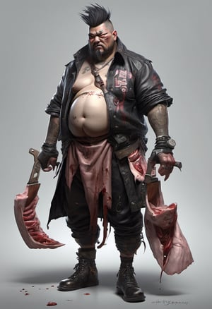 (Design: Yasushi Nirazawa. Artwork based on full-body design of concept art with (Butcher) theme, variation) Ugly and fat, Punk leather fashion, asymmetrical character, oblique angle shot, anatomy, trending on ArtStation, trending on CGSociety, elaborate, high resolution, sharp focus, dramatic, photorealistic painting art by Midjourney and Greg Rutkowski, LegendDarkFantas