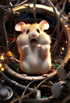 a (complaining:1.1) hamster tangled in wires performing poor maintenance by neglecting the hamster-wheel, (wasn't me i swear!:1.2), (server-room:1.3), server, cables, (sparks:1.2), can't win!, 404, loose graphics-cards, sharp, detailed, cinematic, epic scale, detailed, denial, confusion, (vocal:1.3), clutter, mess, side eyeing, fire, smoke, <> CXL-Mech