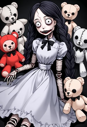 A ball-jointed doll wearing a The Addams Family-style rococo dress, the doll has complex joints, (((Horror themed stuffed animals)))kidnapped by vampire.,nagisa,1ghost,1girl