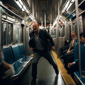 A driver's face distorts in horror as he thrashes about in a cramped subway car, his eyes blazing with terror. The camera zooms in on his anguished expression, illuminated by flickering shadows that dance across rough rock walls bathed in dim lighting. Gravel crunches beneath panicked passengers' feet as they scramble to escape impending disaster, heightening the sonic tension and amplifying the sense of chaos and desperation.