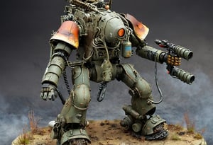 Maschinen Krieger ZbV3000. In military colors and with distressed finish. Equipped with large weapons taken from an air raid diorama. Cables, sharp, cinematic, epic scale, detailed, messy, fire, smoke, CXL-Mech, legendary dark fantasy