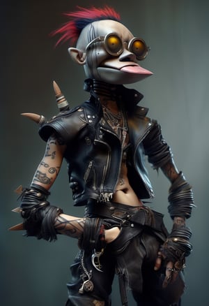 (Design: Yasushi Nirazawa. Artwork based on full-body design of concept art with (puppet) theme, variation) Punk leather fashion, asymmetrical character, oblique angle shot, anatomy, trending on ArtStation, trending on CGSociety, elaborate, high resolution, sharp focus, dramatic, photorealistic painting art by Midjourney and Greg Rutkowski, LegendDarkFantas
