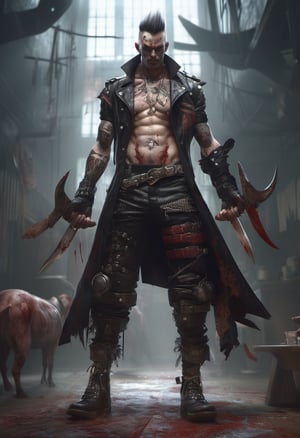 (Design: Yasushi Nirazawa. Artwork based on full-body design of concept art with (Butcher) theme, variation) Punk leather fashion, asymmetrical character, oblique angle shot, anatomy, trending on ArtStation, trending on CGSociety, elaborate, high resolution, sharp focus, dramatic, photorealistic painting art by Midjourney and Greg Rutkowski, LegendDarkFantas