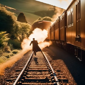 Railway Odyssey: A dashing figure clings precariously to the edge of a speeding train, battling against the forceful gusts of wind as he desperately attempts to maintain his balance amidst the rhythmic whooshing of the tracks and the blur of the landscape whizzing by. The sun casts a warm glow on the scene, illuminating the train's rusty exterior as it cuts through the rolling hills and verdant forests.