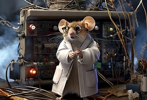 Dr. Harvest Mouse wearing round glasses and a white coat is tangled in wires, server, cable, 404, loose graphics card, sharp, detailed, cinematic, epic scale, detail, denial, confusion, clutter, disarray, sideways glance, fire, smoke, <> CXL-Mech