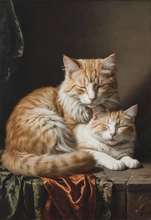 Cat and cat sleeping together in the style of Alessandro Magnasco