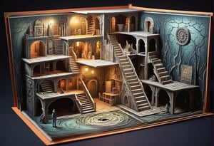 Pop-up book (basement in a haunted house)Underground labyrinth sewer, stairs