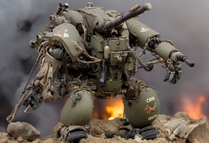 Maschinen Krieger ZbV3000. In military colors and with distressed finish. Equipped with large weapons taken from an air raid diorama. Cables, sharp, cinematic, epic scale, detailed, messy, fire, smoke, CXL-Mech, legendary dark fantasy, ct-nijireal