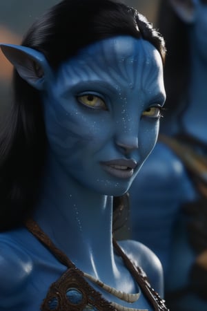 ((angelina jolie)) as a fmale na'vi, omaticaya na'vi, ((blue skin)), blue palette, ((black hair)), ((shoulder lenght curly hair)), messy hair, ((golden eyes)), ((eyebrows)), skin full of ((scales)), ((pointy fangs)), wearing tribal clothing, beautiful na'vi, action scene, close-up face view, ((profile view)), realistic_eyes, hyper_realistic, extreme details, HDR, 4k quality, perfect quality, perfect image, HD quality, movie scene, Read description, ADD MORE DETAIL, glowing forest background