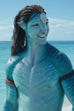 Handsome na’vi,((Lee Pace)), male, aqua skin, smiling,((beach:background)), ((closeup)), movie scene, freckles, detailed, hdr, high quality, movie still, tail, skin detail,ADD MORE DETAIL