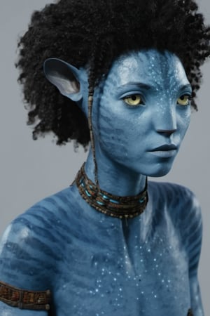 Ayo edebiri as A Na’vi, Avatar, afro , white blank background, pale lighting, concept art, low saturation, alien, jewlrey, portrait, lots of details, pale yellow eyes, blue skin, 4k, 8k, freckles, close up, AVATAR-OME