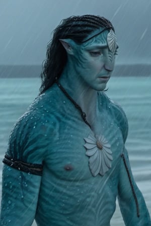 Handsome na’vi,((Lee Pace)), male, aqua skin,, ((gloomy beach:background)), raining, ((closeup)), movie scene, freckles, detailed, hdr, high quality, movie still, tail, skin detail,ADD MORE DETAIL