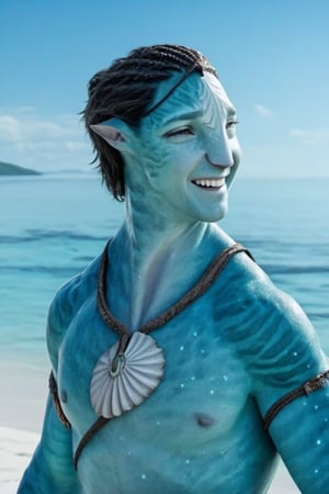 Handsome na’vi,((Lee Pace)), male, aqua skin, smiling,((beach:background)), ((closeup)), movie scene, freckles, detailed, hdr, high quality, movie still, tail, skin detail,ADD MORE DETAIL, short-hair 