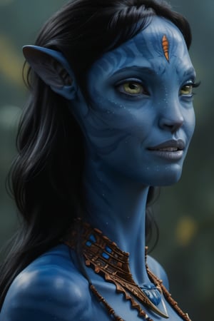((angelina jolie)) as a fmale na'vi, omaticaya na'vi, ((blue skin)), blue palette, ((black hair)), ((shoulder lenght curly hair)), messy hair, ((golden eyes)), ((eyebrows)), skin full of ((scales)), ((pointy fangs)), wearing tribal clothing, beautiful na'vi, action scene, close-up face view, ((profile view)), realistic_eyes, hyper_realistic, extreme details, HDR, 4k quality, perfect quality, perfect image, HD quality, movie scene, Read description, ADD MORE DETAIL, glowing forest background
