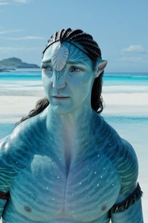Handsome na’vi,((Lee Pace)), male, aqua skin,, ((beach:background)), ((closeup)), movie scene, freckles, detailed, hdr, high quality, movie still, tail, skin detail,ADD MORE DETAIL