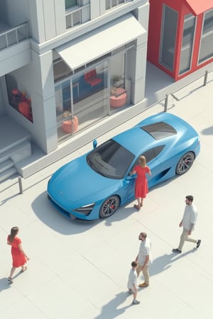 Future Minimalist,urban,minimalist simplicity,detailed , A lady drive in red dress,standing next to her blue sport car,a shoplots and pedestrians walk by, in the style of futuristic urbanity, light gray and light red,minimalist: spare simplicity, urbancore, detailed building, modern urban,top view