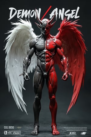 Typography movie poster with the text word “Demon/Angel”. The fantasy figure is a full-body Demon Angel, a muscular male with a split identity. His right side, from head to waist, is in an angelic form with a white feather wing, while his left side is a red demon figure with red bat wings. The character stands and looks straight at the camera. The UHD image ensures sharp and clear details, capturing the intricate design of the subject, with white and black hues.