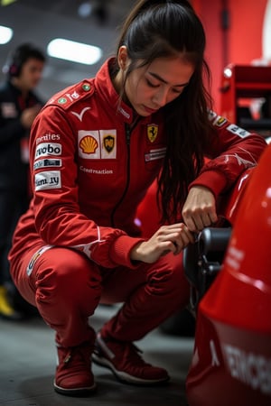 anime styles and aesthetics,character aesthetic, A captivating portrait photograph of a Malay woman, in a anime drawings style showcasing her expertise as a mechanical team member for the Ferrari F1 team. She is kneeling beside a sleek Ferrari F1 car, her long tied hair framing her face as she focuses intently on the task at hand. Wearing a vibrant red Ferrari mechanical team suit, she effortlessly blends with the car's iconic color scheme. The camera captures the scene from an innovative up-down angle, emphasizing the intricate lines of the car and the woman's skilled hands at work. The high-key lighting adds warmth and depth to the image, highlighting the fusion of speed, precision, and feminine beauty