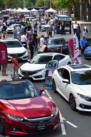 Honda Day event showcasing all Honda cars in an outdoor setting. The scene features a variety of Honda models on display, with booths and vendors offering accessories and merchandise. A lively crowd is present, mingling and exploring the exhibits. The lighting is natural, capturing the vibrant atmosphere of the event.