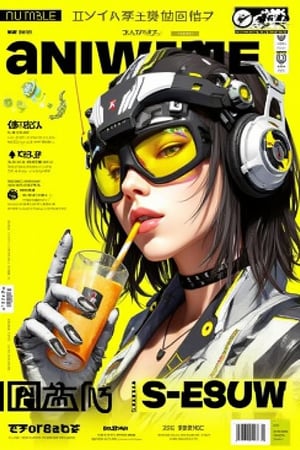 Typography cyberpunk magazine cover with a cyberpunk art theme. The close-up features a Russian girl in a digital anime cyberpunk portrait drawing, with medium-length hair, black-white headphones, and yellow visor sunglasses. Her mecha hand lowers the sunglasses while she drinks a smoothie using a straw in a sexy pose. The magazine title “AnimeMe” and subtitle “Newcomer 2025” are in futuristic fonts. The cover has a yellow background, with hyperrealistic and detailed elements.