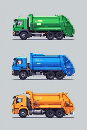 Pixel art poster featuring side profiles of three waste trucks in 1:18 scale. At the top, a green waste truck is displayed. In the middle, a blue waste truck is showcased. At the bottom, a yellow waste truck is featured. The trucks are evenly spaced, with a grey background that highlights their vibrant colors. The composition is clean and uncluttered, focusing solely on the detailed pixel art of the trucks. The UHD image ensures sharp and clear details, capturing the intricate design of each vehicle.