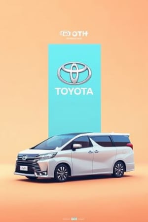 Realistic 2D flat illustration typography digital poster with a hyperdetailed UHD image. The main subject is a white Toyota Vellfire 2.5 ZG, with a baby blue vertical rectangle behind it. The text word “TOYOTA” and the TOYOTA logo are placed above the vehicle. The background is pastel orange, with sharp focus on the main subject.