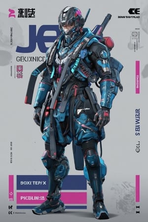 TECHWEAR OUTFIT,CYBERPUNK CHARACTER,MECHA TECHWEAR,concept art aesthetic,character aesthetic,cyberpunk anime concept and aesthetic,modern comic hand drawing ,typography,art and style, male humanoid cyber fighter jet pilot ,in mix blue camo techwear pilot suit and pant,smart and fierce,,text word “JET X”,sub word “🚀”standing look direct to camera,dynamic and cinematic post,hyperdetailed, epic art,grey gradients background.