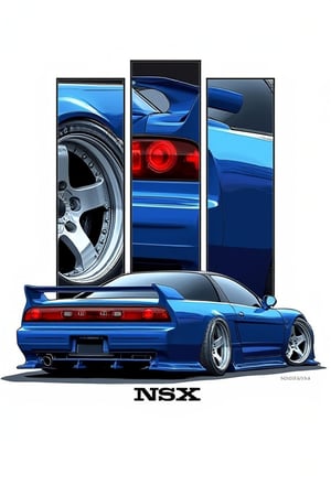 rafgambarkereta,MycarDesign,poster and magazine cover design with split panel style in diffrent shape and size,realistic and detail  blue sporty honda nsx and each 5 panel had a close up diffrent part,such wheels,door,engine and rear headlight. text word "honda",detaile and realistic,white background.,
