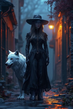  A black dress witch and white wolf,dark alley,night scene,,art and style,Low poly art,low poly style,low poly pop art,low poly illustration 