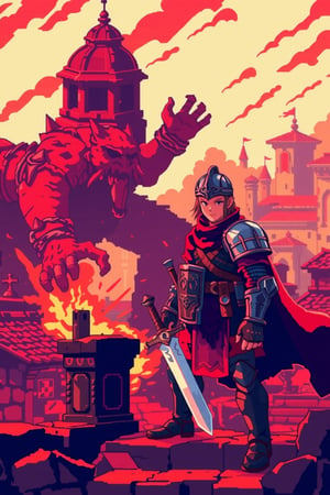 Pixel art style,pixel art design,a young warrior in armour,red robe,white sword,facing his demon monster enemy,ruin city,red and orange hue.