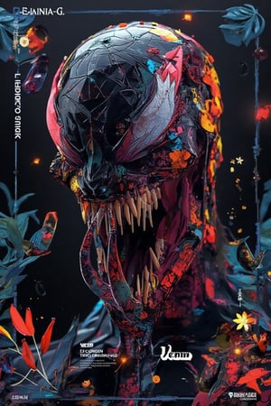 movie poster, titled Venom with subtitle The Last Dance by Sony Pictures. The poster features the movie character Venom, with his skin rendered in a Malaysia batik texture, adorned with medium and small floral motifs. The vibrant, striking colors include black hues. The image is realistic and detailed, with sharp focus on Venom, creating a hyperdetailed and visually striking composition.,Low poly art,low poly style,MYtypography