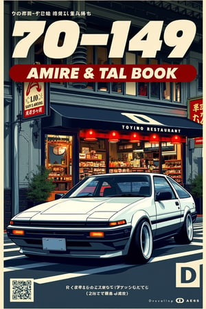 Car poster design announcing a special event for Initial D fans, featuring a white Toyota Trueno AE86 parked in front of a tofu restaurant in Tokyo, Japan. The cinematic poster is detailed and sharp, with high-quality imagery capturing the iconic car and the vibrant cityscape. The design effectively promotes the event, appealing to fans with its authentic and nostalgic atmosphere.