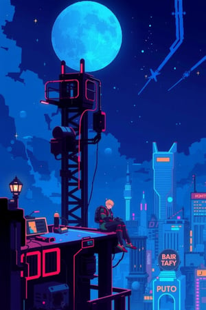 Pixel art style,pixel art design,anime cyborg sit at the edge of high tower,cyberpunk city,nightscape,neon,blue hue,wallpaper