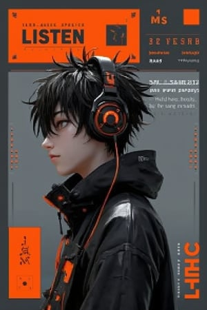 Minimalist 2D vector art typography poster with a hyperdetailed UHD image. The main subject is an anime boy with short messy hair, wearing headphones and a tech jacket, in a side profile view. A rectangle grey banner with tiny dots is behind him. The text word “LISTEN” is prominently displayed. The color scheme is black, orange, and grey, with sharp focus on the main subject.