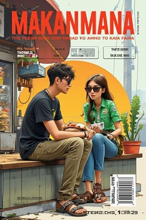 Typography foodie magazine detailed cover “MAKANMANA” featuring a realistic photo of a calm outdoor halal breakfast stall at Kampung Baru, Kuala Lumpur. A real handsome young man in a black t-shirt, khakis cargo pants, and sandals is having breakfast. A drawing of a young beautiful Malay girl in a green shirt, sunglasses, and denim jeans pants, sitting and chatting with the young man, is added in a Japanese anime/manga character style with black outlines and muted color palette. The cinematic lighting style with soft shadows blends the drawing seamlessly into the real-life photo.