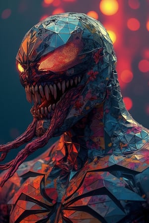 movie poster, titled Venom with subtitle The Last Dance by Sony Pictures. The poster features the movie character Venom, with his skin rendered in a Malaysia batik texture, adorned with medium and small floral motifs. The vibrant, striking colors include black hues. The image is realistic and detailed, with sharp focus on Venom, creating a hyperdetailed and visually striking composition.,Low poly art,low poly style