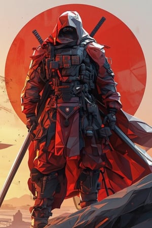 Low poly art,low poly style,modern red samurai with his sword,cinematic style,character aesthetic