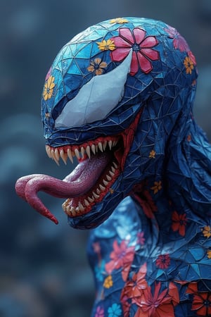 movie poster, titled Venom with subtitle The Last Dance by Sony Pictures. The poster features the movie character Venom, with his skin rendered in a Malaysia batik texture, adorned with medium and small floral motifs. The vibrant, striking colors include blue hues. The image is realistic and detailed, with sharp focus on Venom, creating a hyperdetailed and visually striking composition.,Low poly art,low poly style