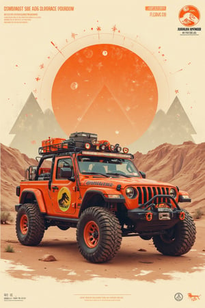 Midjourney_Whisper,MYtypography, A 2D flat illustration,side profile, of a Jeep Gladiator Mojave in an off-road, adventure-ready setup. The Jeep should have large, rugged off-road tires, a roof rack, light bar, storage boxes, and fuel containers attached to the bed. The vehicle is decorated with a fictional 'Jurassic Park' logo on the door. The illustration style should be minimalistic, with bold outlines and flat colors, primarily using shades of orange, brown, and beige to evoke a desert or rugged landscape. The background should feature a sunburst pattern in orange, with geometric shapes and a minimalist topographical design to enhance the adventure theme. Include subtle textures and design elements that give it a retro, outdoorsy vibe