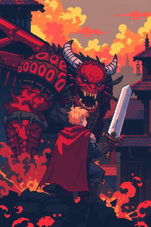 Pixel art style,pixel art design,a young warrior in armour,red robe,white sword,facing his demon monster enemy,ruin city,red and orange hue.