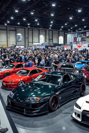 Autocar event show featuring JDM cars, with booths, crowds, and vendors. The scene captures a bustling atmosphere, with various JDM cars on display, each booth showcasing different models and accessories. The crowds are engaged, interacting with vendors and admiring the cars. The lighting is bright and vibrant, highlighting the colorful displays and energetic environment.