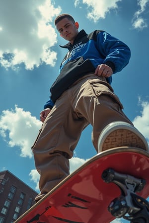 anime styles and aesthetics,concept art aesthetic,character aesthetic,cyberpunk anime concept and aesthetic,modern digital illustration extreme Low-angle, dynamic perspective shot of a young man stand on his skateboard deck,gazing directly into the camera with an intense, captivating expression ,dressed in modern streetwear fashion, captured outdoors against a bright blue sky with scattered clouds. The focus is on his Red with the punisher logo below skateboard deck, highlighting his skateboard deck,he wearing a adidas Blue black tracktop,khakis cargo pant and black Vans sneakers, creating a stylish, urban look with a hint of futuristic edge. The image conveys a sense of freedom and boldness, with natural sunlight accentuating the gloss and texture of her outfit. The dramatic low-angle perspective gives her an imposing, larger-than-life presence, enhancing the overall energy and vibrancy of the scene.