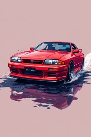 Pixel art concept poster with a simple and minimalist design. A red Nissan Skyline R32 is prominently displayed, with wet mist subtly surrounding it. The car is centered, with its sleek lines and details rendered in vibrant pixel art. The background is plain, allowing the car to stand out. The composition is clean and uncluttered, focusing solely on the iconic vehicle and the atmospheric wet mist.